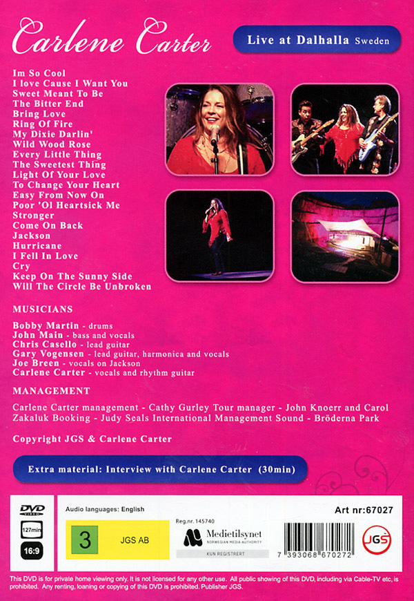 Carlene Carter - Live At Dalhalla Sweden - DVD Carlene Carter - Live At Dalhalla Sweden - DVD